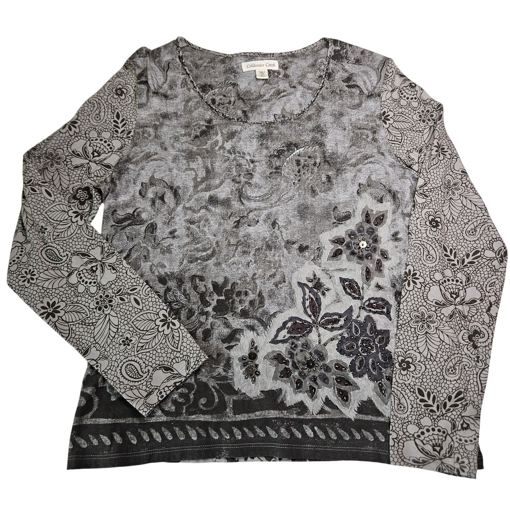 Coldwater Creek Womens Gray Floral Top M 10-12 Beaded Long Sleeve Whimsigoth